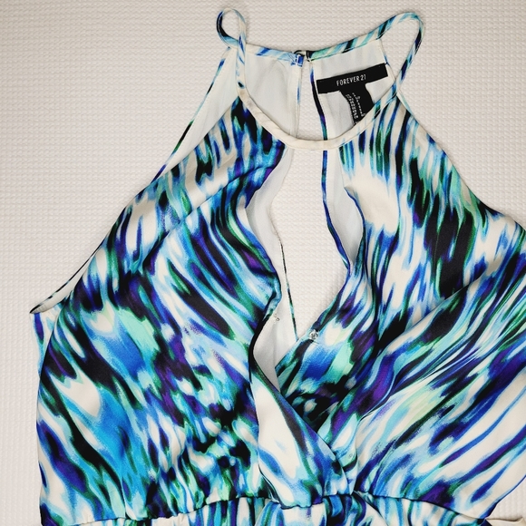 Forever 21 Mini Dress Women Small Blue Halter Watercolor Flirty Caribbean Resort - Picture 7 of 8